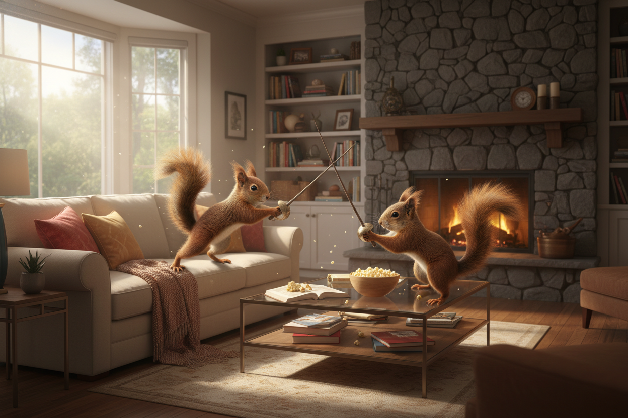 Red squirrels dueling in the living room